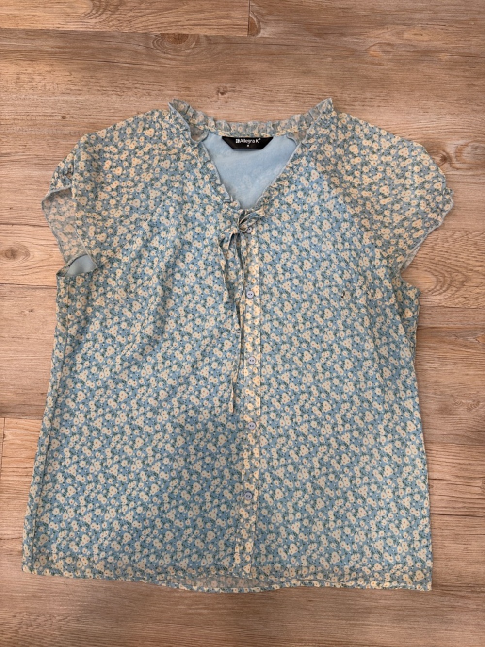 Allegra K Light Blue Floral Tie-Neck Top